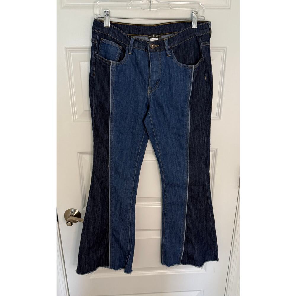Venus Women’s Patchwork Flare Jeans Size 6 Blue Two-Tone Raw Hem Boho Festival